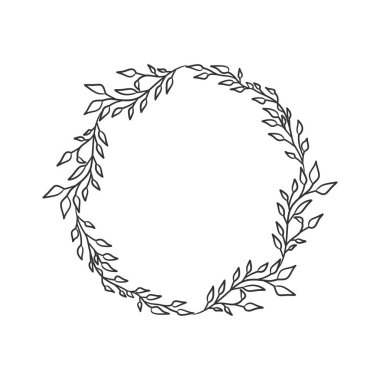 El çizimi çelenk dairesel vektör sanatı siyah ve beyaz. Çember yaprak çelenk vektörü