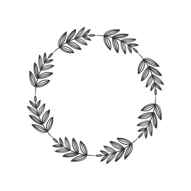 El çizimi çelenk dairesel vektör sanatı siyah ve beyaz. Çember yaprak çelenk vektörü