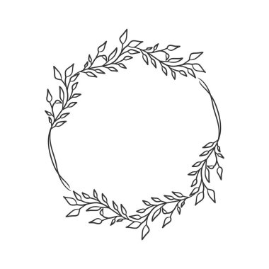 El çizimi çelenk dairesel vektör sanatı siyah ve beyaz. Çember yaprak çelenk vektörü