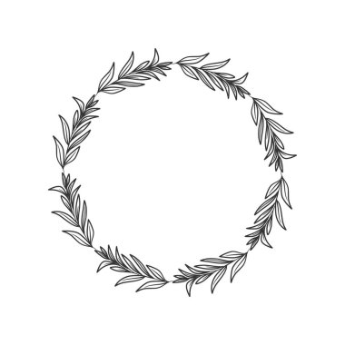 El çizimi çelenk dairesel vektör sanatı siyah ve beyaz. Çember yaprak çelenk vektörü