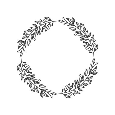 El çizimi çelenk dairesel vektör sanatı siyah ve beyaz. Çember yaprak çelenk vektörü