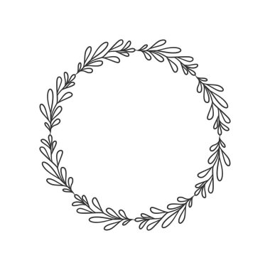 El çizimi çelenk dairesel vektör sanatı siyah ve beyaz. Çember yaprak çelenk vektörü