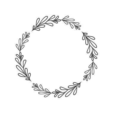 El çizimi çelenk dairesel vektör sanatı siyah ve beyaz. Çember yaprak çelenk vektörü
