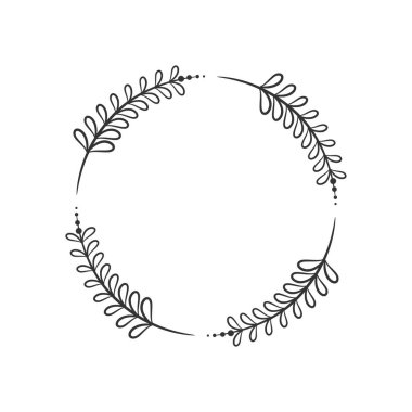 El çizimi çelenk dairesel vektör sanatı siyah ve beyaz. Çember yaprak çelenk vektörü