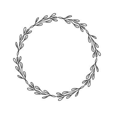 El çizimi çelenk dairesel vektör sanatı siyah ve beyaz. Çember yaprak çelenk vektörü