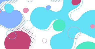 Soyut Memphis tarzı sıvı dalga, renkli bir arka plan. Akışkan dalgalı şekiller tasarımı