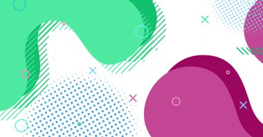 Soyut Memphis tarzı sıvı dalga, renkli bir arka plan. Akışkan dalgalı şekiller tasarımı