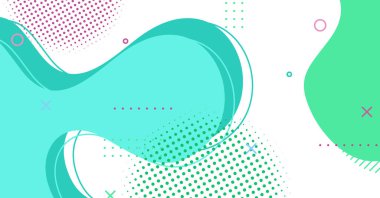 Soyut Memphis tarzı sıvı dalga, renkli bir arka plan. Akışkan dalgalı şekiller tasarımı