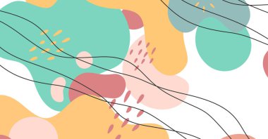 Soyut arkaplan çeşitli şekiller ve karalama nesneleri pastel renk. Modern modern vektör illüstrasyonu.