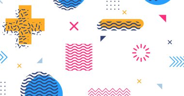 Memphis elementlerinin renkli arkaplan tasarımına sahip modern soyut arkaplan