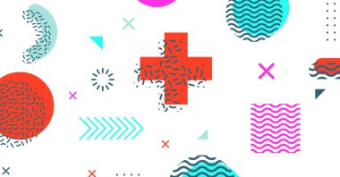 Memphis elementlerinin renkli arkaplan tasarımına sahip modern soyut arkaplan