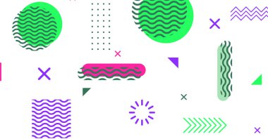 Memphis elementlerinin renkli arkaplan tasarımına sahip modern soyut arkaplan