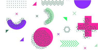 Memphis elementlerinin renkli arkaplan tasarımına sahip modern soyut arkaplan