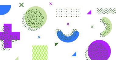 Memphis elementlerinin renkli arkaplan tasarımına sahip modern soyut arkaplan