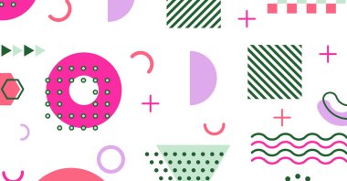 Memphis elementlerinin renkli arkaplan tasarımına sahip modern soyut arkaplan