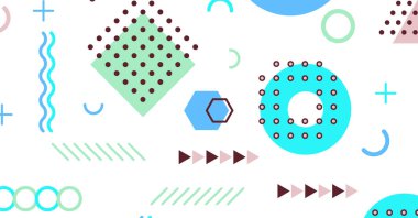 Memphis elementlerinin renkli arkaplan tasarımına sahip modern soyut arkaplan