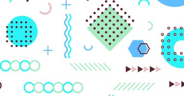 Memphis elementlerinin renkli arkaplan tasarımına sahip modern soyut arkaplan