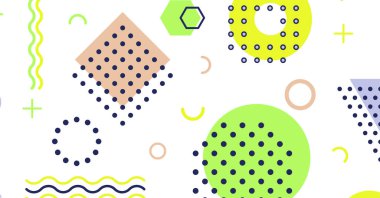 Memphis elementlerinin renkli arkaplan tasarımına sahip modern soyut arkaplan