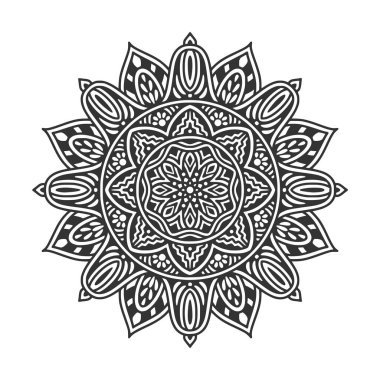 Meditasyon posteri, yetişkin boyama kitabı sayfası, dövme, kına için dairesel desenli mandala sanat dekorasyonu unsurları