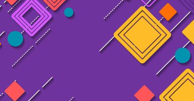 Renkli geometrik şekilleri, kareleri, daireleri ve çizgileri olan modern bir vektör arkaplanı. Yaratıcı tasarımlar, sunumlar ve dijital projeler için ideal.
