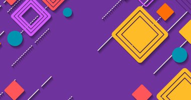 Renkli geometrik şekilleri, kareleri, daireleri ve çizgileri olan modern bir vektör arkaplanı. Yaratıcı tasarımlar, sunumlar ve dijital projeler için ideal.