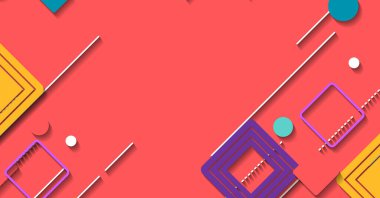 Renkli geometrik şekilleri, kareleri, daireleri ve çizgileri olan modern bir vektör arkaplanı. Yaratıcı tasarımlar, sunumlar ve dijital projeler için ideal.