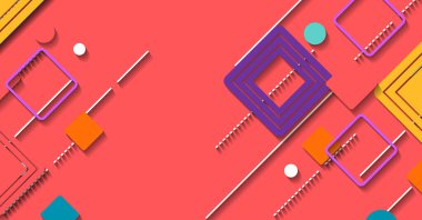 Renkli geometrik şekilleri, kareleri, daireleri ve çizgileri olan modern bir vektör arkaplanı. Yaratıcı tasarımlar, sunumlar ve dijital projeler için ideal.