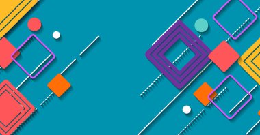 Renkli geometrik şekilleri, kareleri, daireleri ve çizgileri olan modern bir vektör arkaplanı. Yaratıcı tasarımlar, sunumlar ve dijital projeler için ideal.