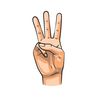 Vektör el hareketleri 3 numarayı gösteriyor. Eğitim, sayma ya da yaratıcı projeler için idealdir. Temiz tasarım, beyazda izole.
