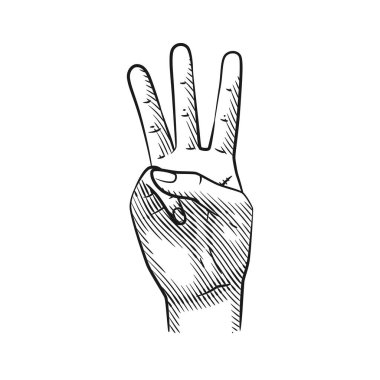 Vektör çizgisi el hareketleri 3 numarayı gösteriyor. Eğitim, sayma ya da yaratıcı projeler için idealdir. Temiz tasarım, beyazda izole.