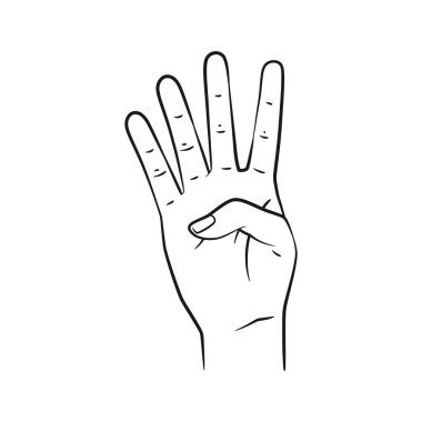 Vektör çizgisi el hareketleri 4 numarayı gösteriyor. Eğitim, sayma ya da yaratıcı projeler için idealdir. Temiz tasarım, beyazda izole.