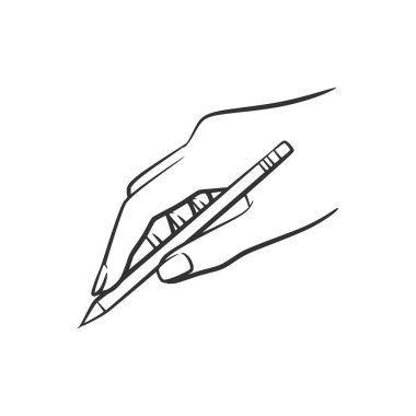 Kalem tutan bir elin vektör çizgisi sanatı. Eğitim, yaratıcılık ya da yazarlık konulu projeler için mükemmel. Minimalist ve beyaz arkaplanda izole.