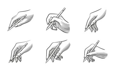 Bir dizi el çizimi gölgelendirmeli, bir kalem tutarken çeşitli yazı pozlarını tasvir ediyor. Eğitim materyalleri, sanatsal projeler ve dijital içerik için mükemmel.
