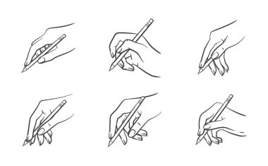 Çizgi sanatı tarzında bir dizi el çizimi, bir kalem tutarken çeşitli yazı pozları tasvir ediliyor. Eğitim materyalleri, tasarım projeleri ve dijital içerik için mükemmel.