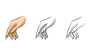 Üç stilde el çizimleri: çizgi sanatı, gölgeli çizgi sanatı, ve tamamen renkli. Her bir resim bir kalem tutarken doğal bir yazı pozunu tasvir ediyor. Eğitim materyalleri, sanatsal projeler ve dijital içerik için ideal.