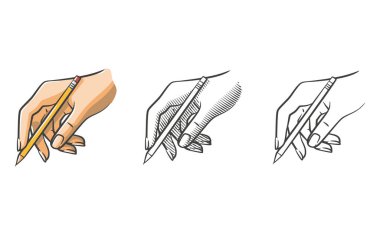 Üç stilde el çizimleri: çizgi sanatı, gölgeli çizgi sanatı, ve tamamen renkli. Her bir resim bir kalem tutarken doğal bir yazı pozunu tasvir ediyor. Eğitim materyalleri, sanatsal projeler ve dijital içerik için ideal.