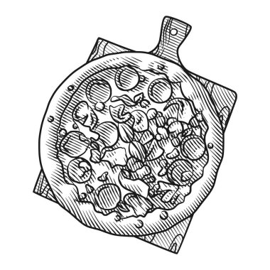 Klasik pizzanın zarif ve detaylı bir çizgisi. İçinde pepperoni, mantar, zeytin ve erimiş peynir gibi çeşitli malzemeler var..