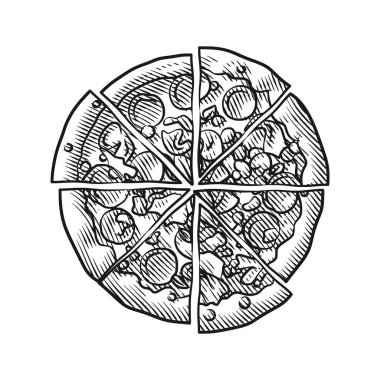 Dilimlenmiş pizzanın ayrıntılı ve zarif bir çizgisi. Pepperoni, mantar, zeytin ve erimiş peynir gibi çeşitli malzemeler sergileniyor..