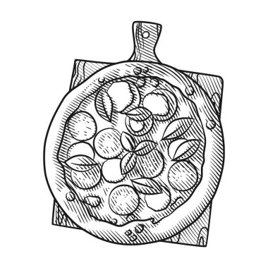 Klasik pizzanın zarif ve detaylı bir çizgisi. İçinde pepperoni, mantar, zeytin ve erimiş peynir gibi çeşitli malzemeler var..