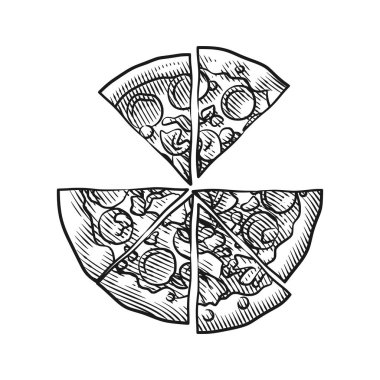 Dilimlenmiş pizzanın ayrıntılı ve zarif bir çizgisi. Pepperoni, mantar, zeytin ve erimiş peynir gibi çeşitli malzemeler sergileniyor..