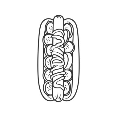 Lezzetli bir sosislinin, ketçap, hardal, soğan ve çeşnili sosis içeren temiz ve modern çizgili sanat tasviri..