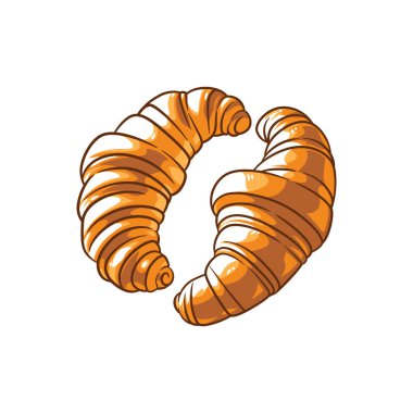 Yeni pişmiş kruvasanın dijital bir çizimi, tuhaf, altın katmanları ve yumuşak iç yüzeyi sergileniyor..