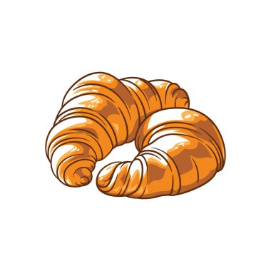 Yeni pişmiş kruvasanın dijital bir çizimi, tuhaf, altın katmanları ve yumuşak iç yüzeyi sergileniyor..