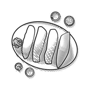 Suşi, nigiri ve sashimi 'nin detaylı bir çizgisi çizimi..