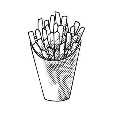 Klasik bir kağıt ambalajında, zarif bir oyma tarzında yaratılmış, altın patates kızartmasının ayrıntılı çizgisi..