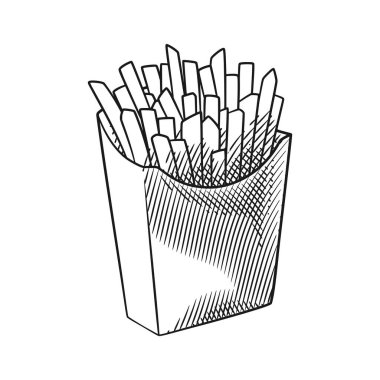 Klasik bir kağıt ambalajında, zarif bir oyma tarzında yaratılmış, altın patates kızartmasının ayrıntılı çizgisi..