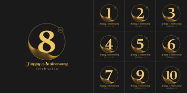 Golden Anniversary logo vector. 1st, 2nd, 3rd, 4th, 5th, 6th, 7th, 8th, 9th and 10th years Illustration set. Ideal for company Anniversary, Industry Events, jubilee, Birthday celebrations, wedding. clipart