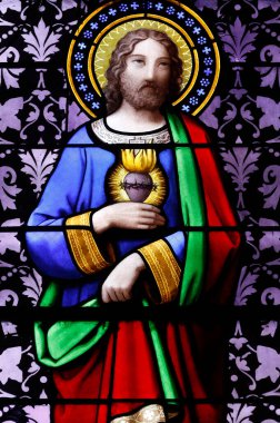 İsa 'nın Kutsal Kalbi. Lekeli cam pencere. Ferney Voltaire. Fransa. 