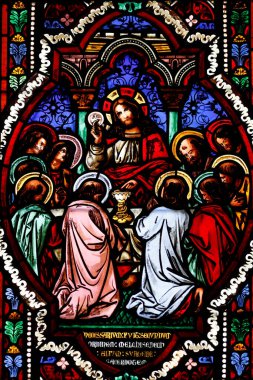 Notre Dame de Beaune Bazilikası. İsa 'nın Tutkusu. Son akşam yemeği. İsa ve havarileri. Ekmek Kurumu 'ndan. Thibaud 1848. Beaune. Fransa. 