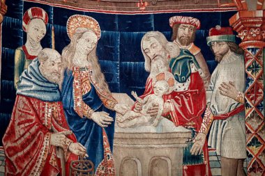 Notre Dame de Beaune Bazilikası. Bakire Meryem halıları (15. yüzyıl). İsa 'nın sunumu tapınakta. Beaune. Fransa. 